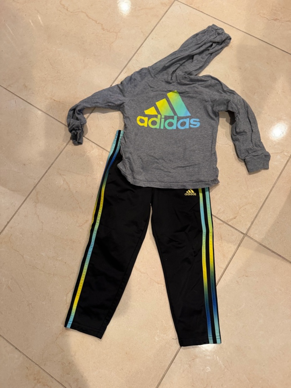 adidas Kids Black Joggers with Blue Green Yellow Side Stripes